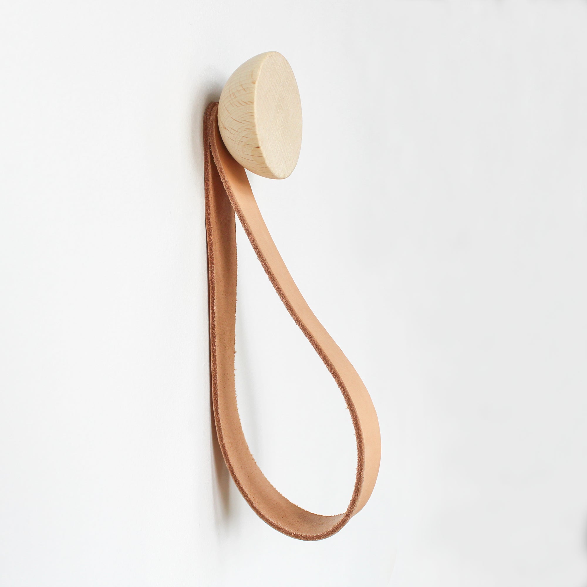 Round Beech Wood Wall Mounted Coat Hook / Hanger with Leather Strap