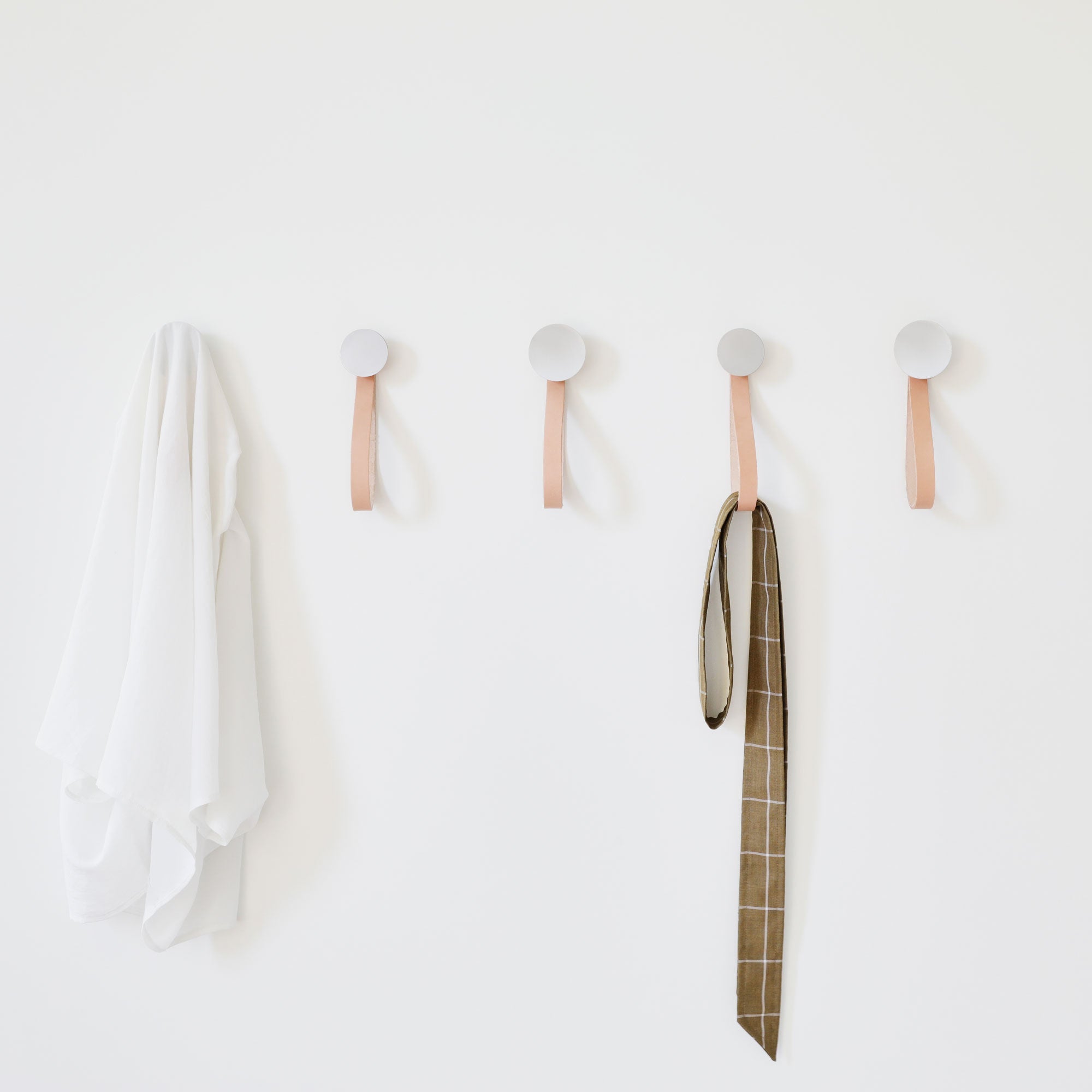 Round Beech Wood & Aluminium Wall Mounted Hook / Hanger with Leather Strap