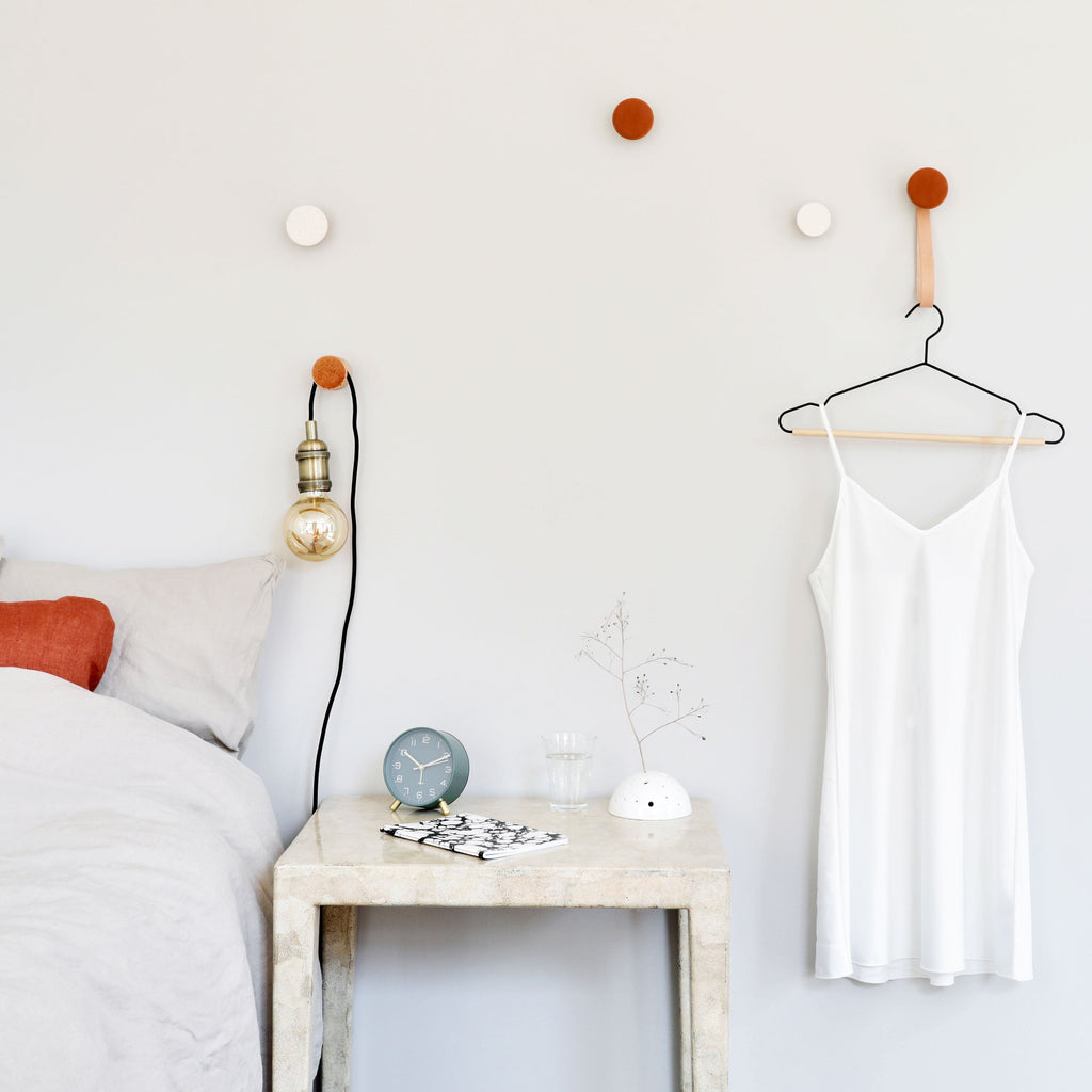 Round Beech Wood & Ceramic Wall Mounted Coat Hook / Hanger with Leather Strap - Dark Terracotta Orange