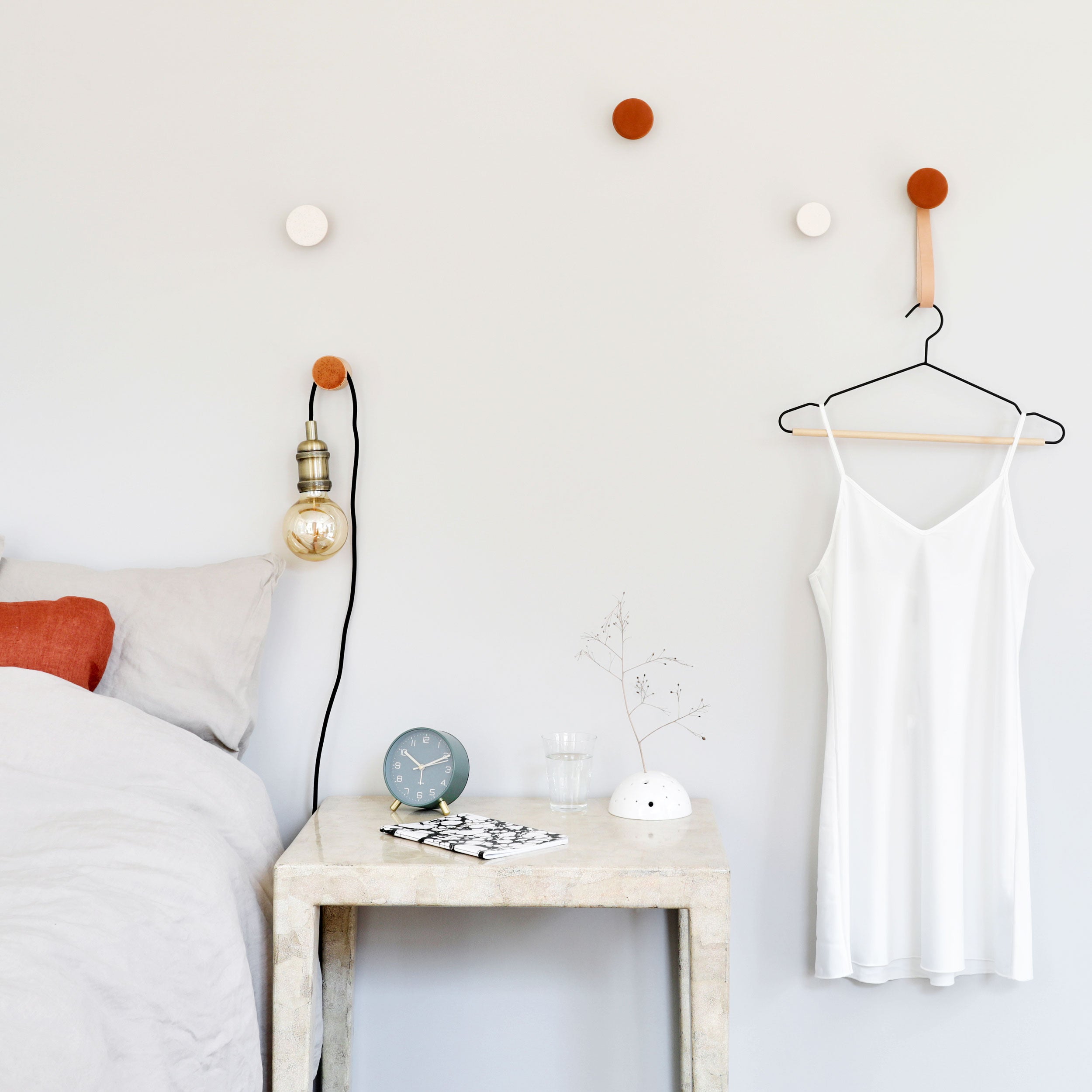 Round Beech Wood & Ceramic Wall Mounted Coat Hook / Hanger with Leather Strap - Dark Terracotta Orange