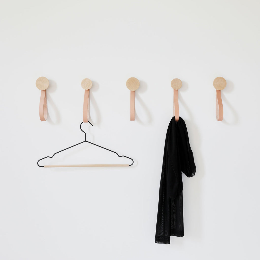 Round Beech Wood Wall Mounted Coat Hook / Hanger with Leather Strap
