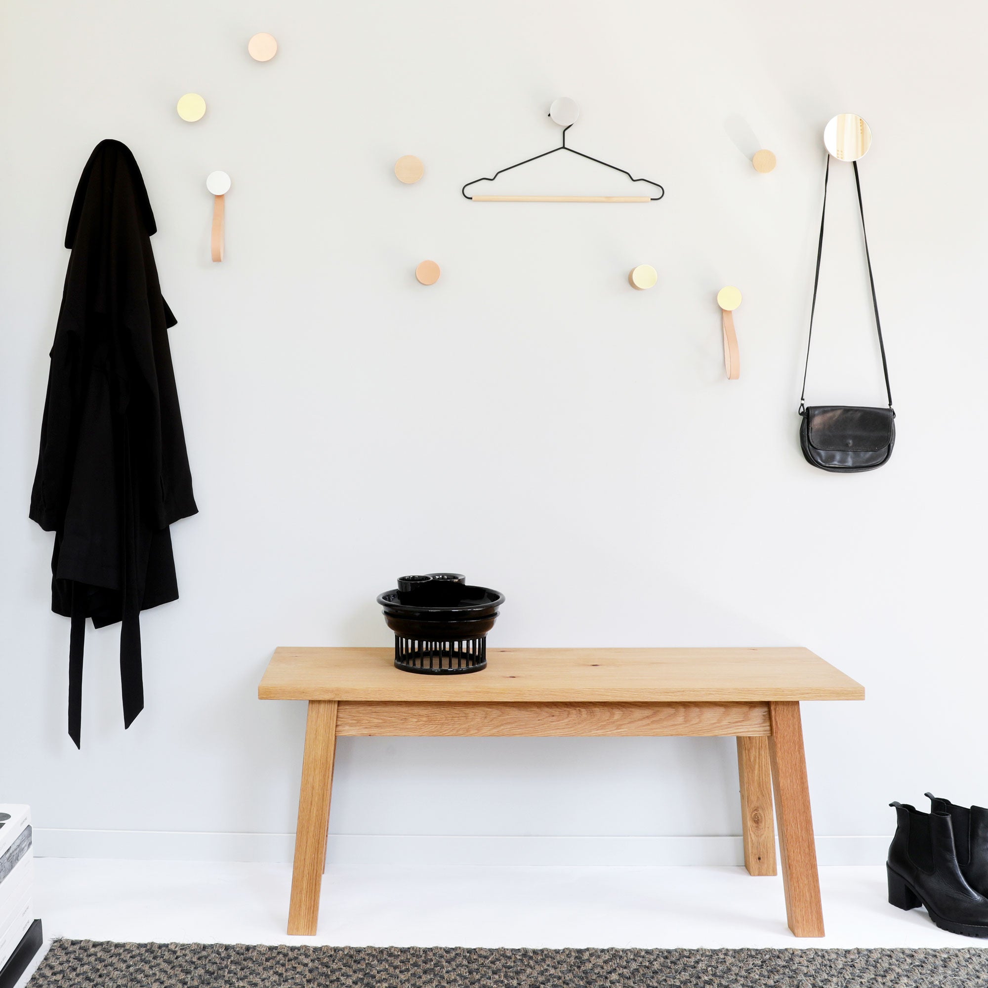 Round Beech Wood & Brass Wall Mounted Coat Hook / Hanger with Leather Strap