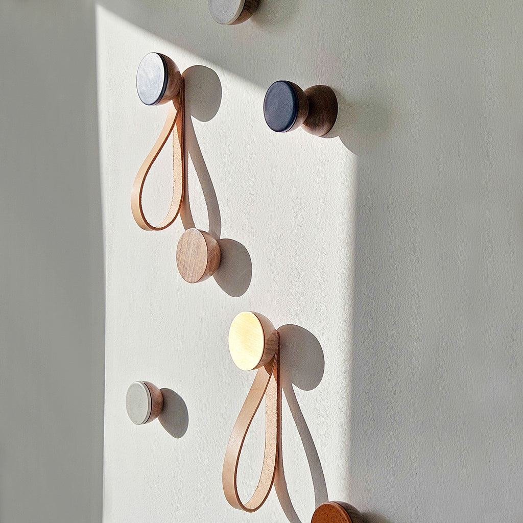 Round Walnut Wood & Brass Wall Mounted Hook / Hanger with Leather Strap