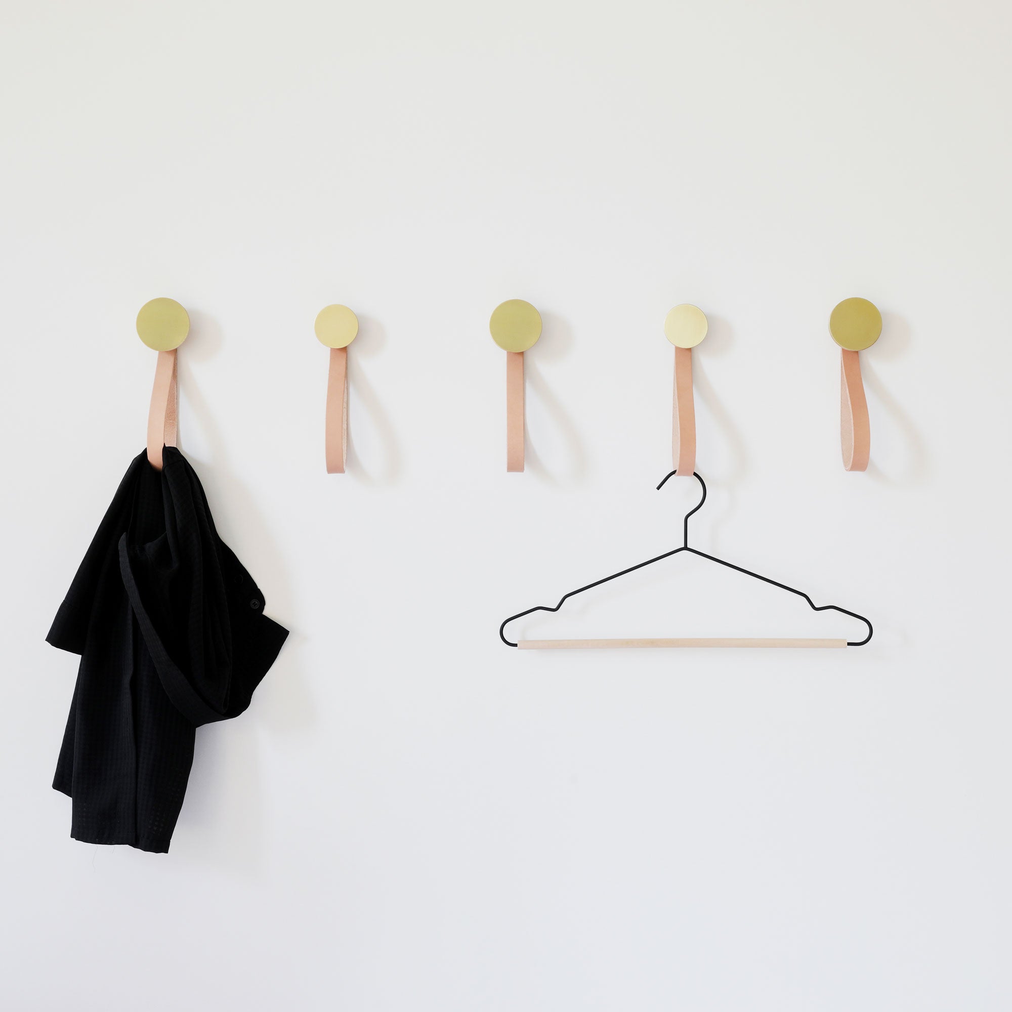 Round Beech Wood & Brass Wall Mounted Coat Hook / Hanger with Leather Strap