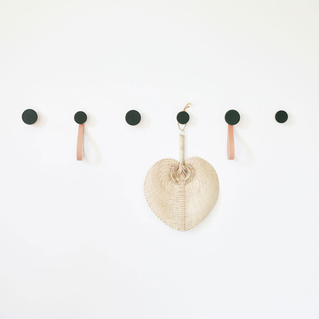 Round Beech Wood & Ceramic Wall Mounted Coat Hook / Hanger with Leather Strap - Dark Green
