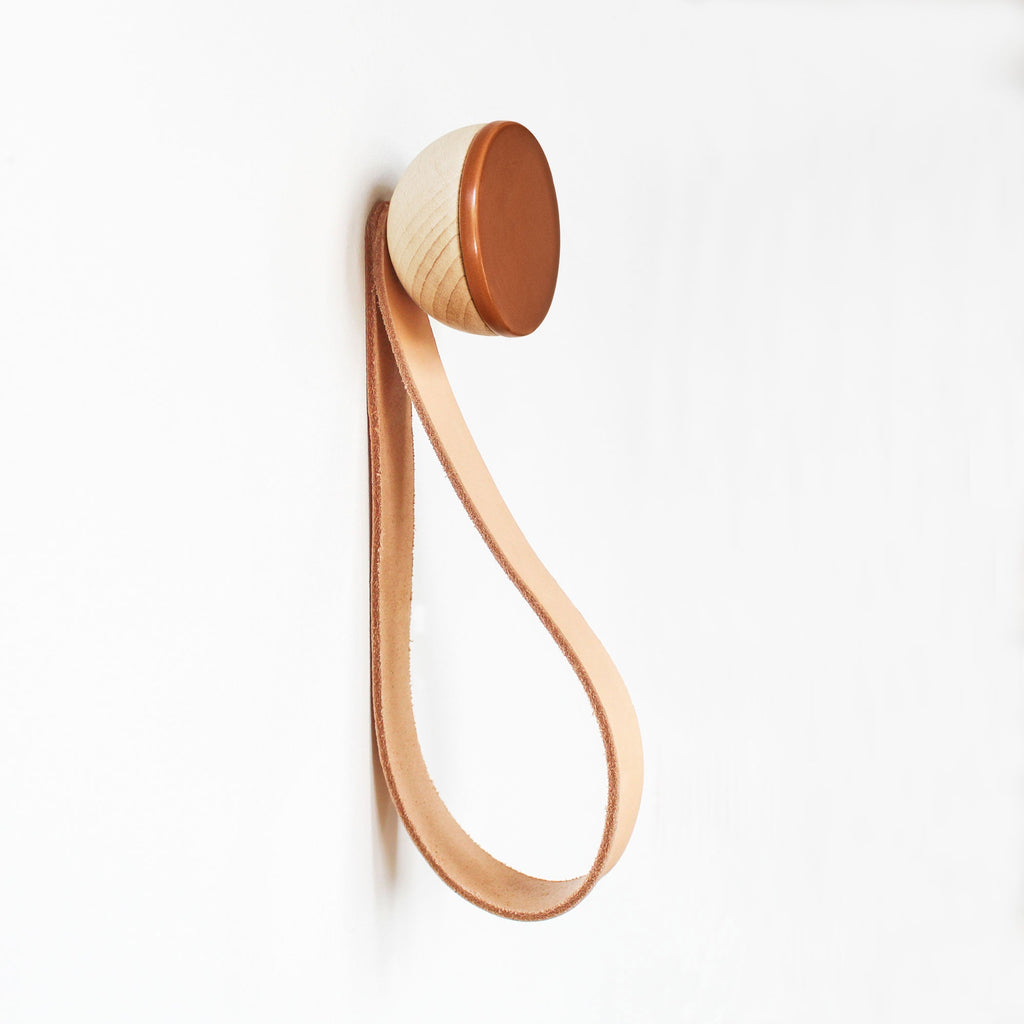 Round Beech Wood & Ceramic Wall Mounted Coat Hook / Hanger with Leather Strap - Dark Terracotta Orange