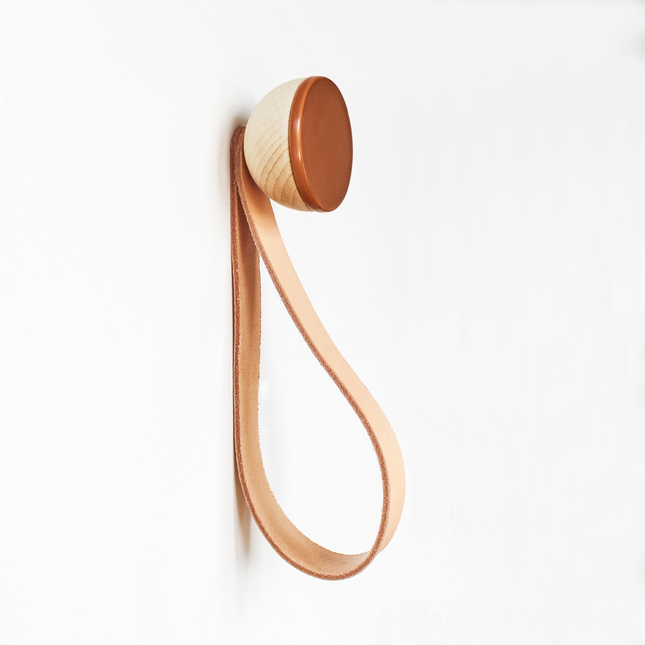 Round Beech Wood & Ceramic Wall Mounted Coat Hook / Hanger with Leather Strap - Dark Terracotta Orange