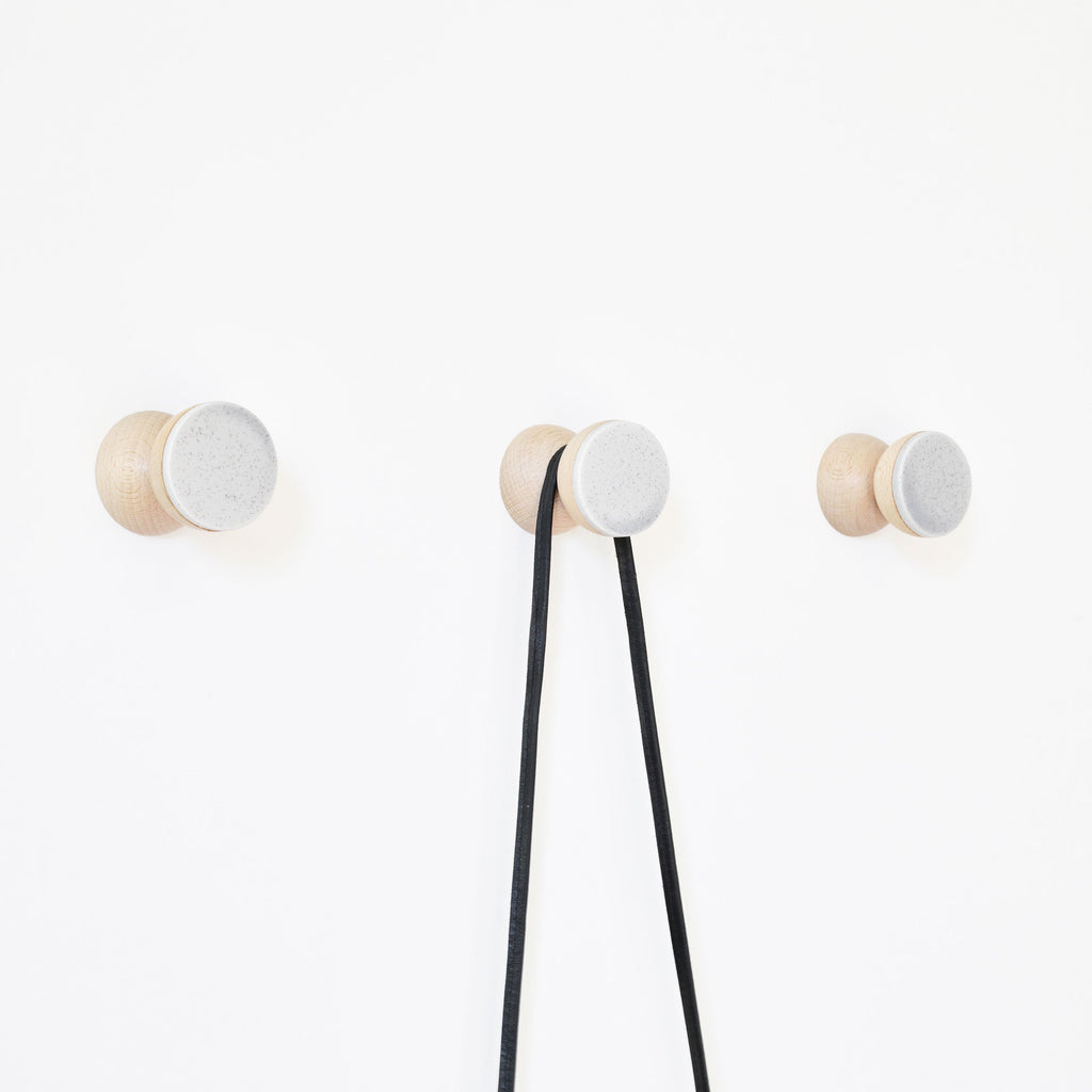 Geometric Beech Wood & Ceramic Wall Mounted Coat Hook / Knob - Grey Sand