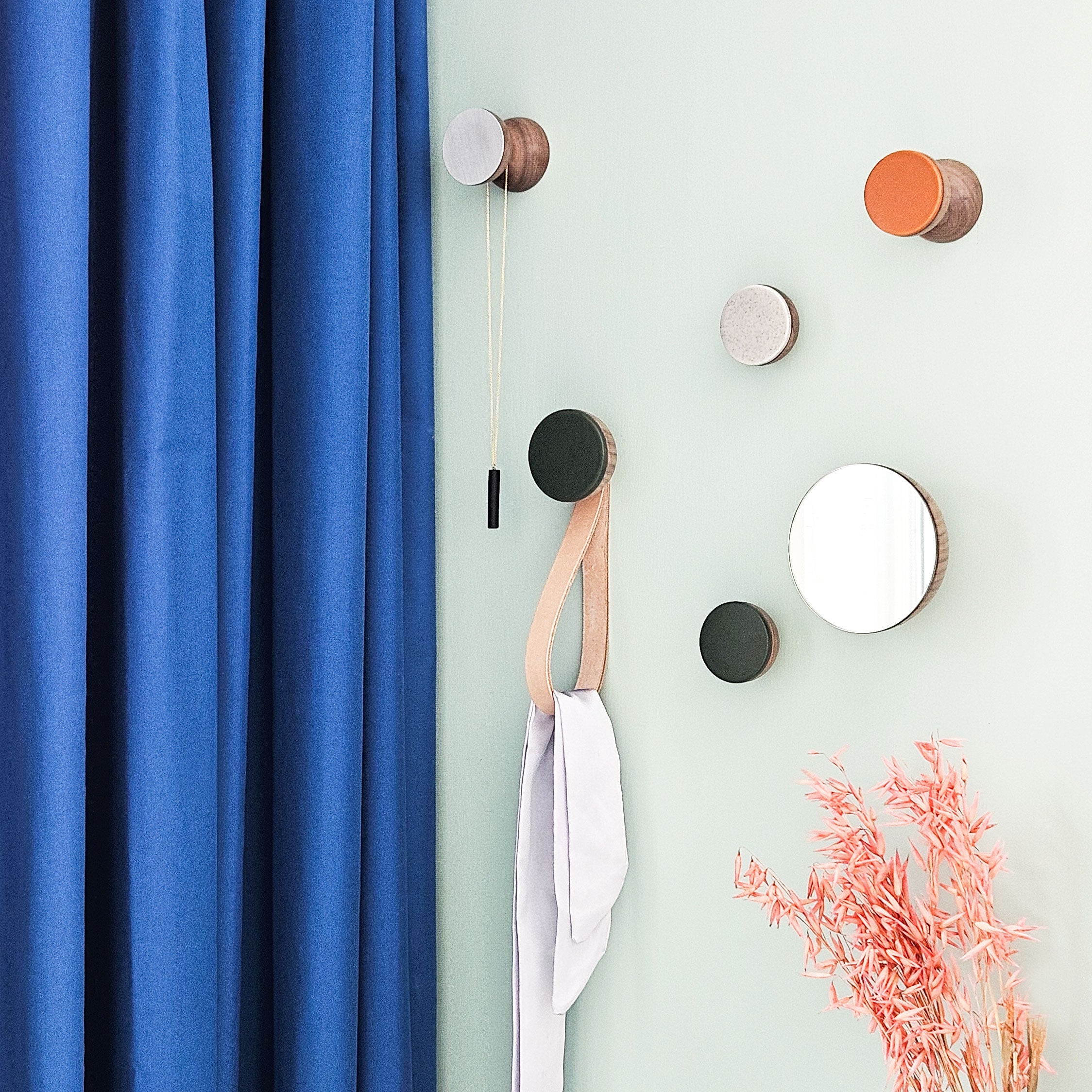 Round Walnut Wood & Ceramic Wall Mounted Coat Hook / Knob - Speckled Grey