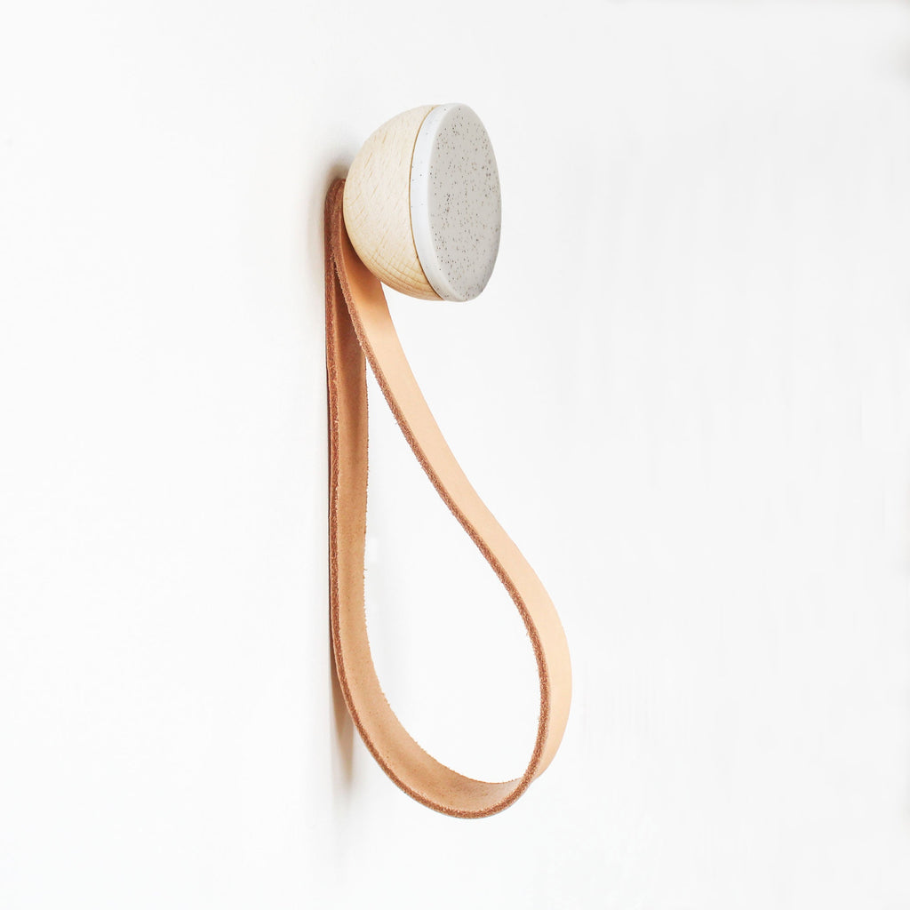 Round Beech Wood & Ceramic Wall Mounted Coat Hook / Hanger with Leather Strap - Grey Sand