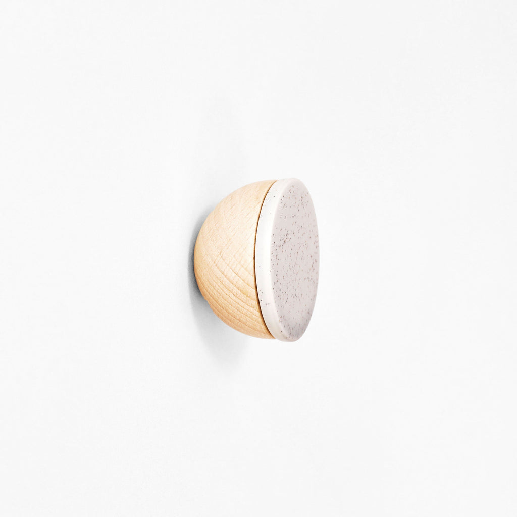 Round Beech Wood & Ceramic Wall Mounted Coat Hook / Knob - Speckled Grey