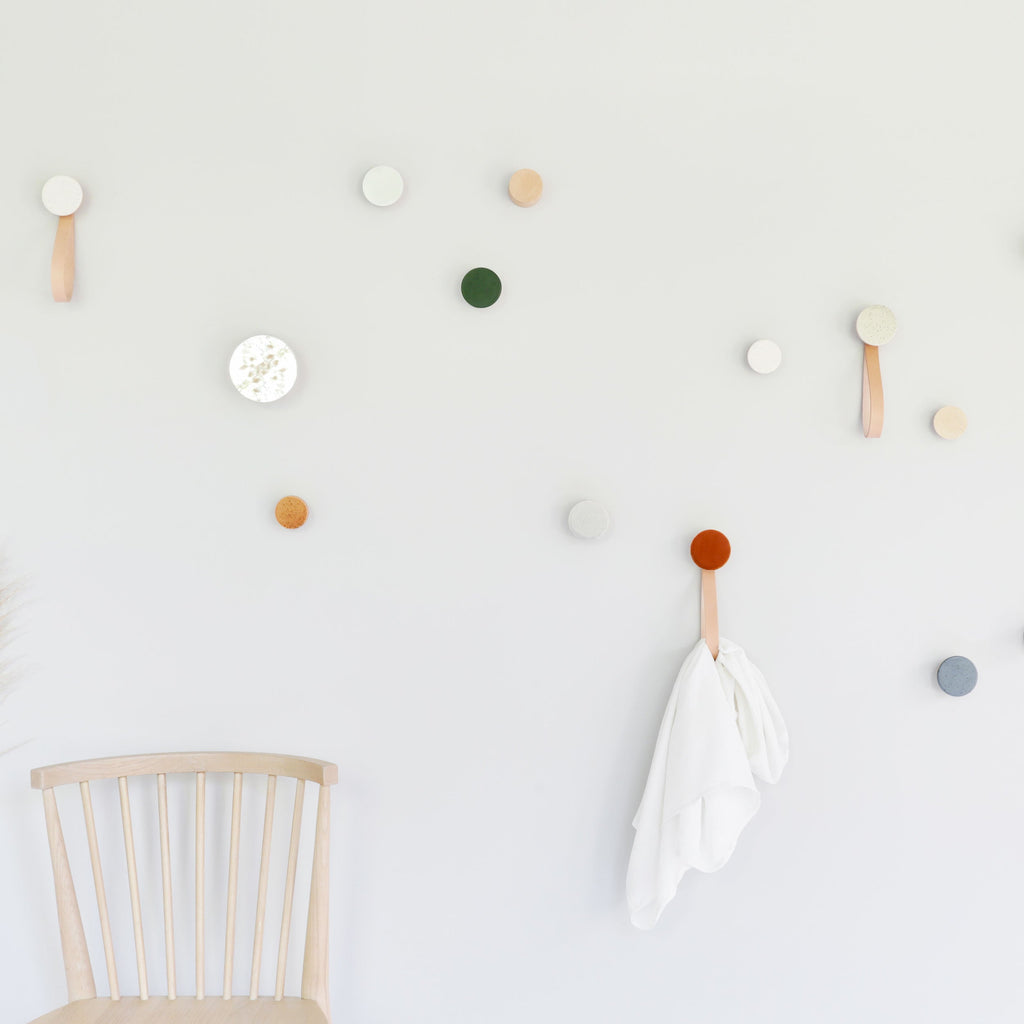 Round Beech Wood & Ceramic Wall Mounted Coat Hook / Hanger with Leather Strap - Dark Terracotta Orange