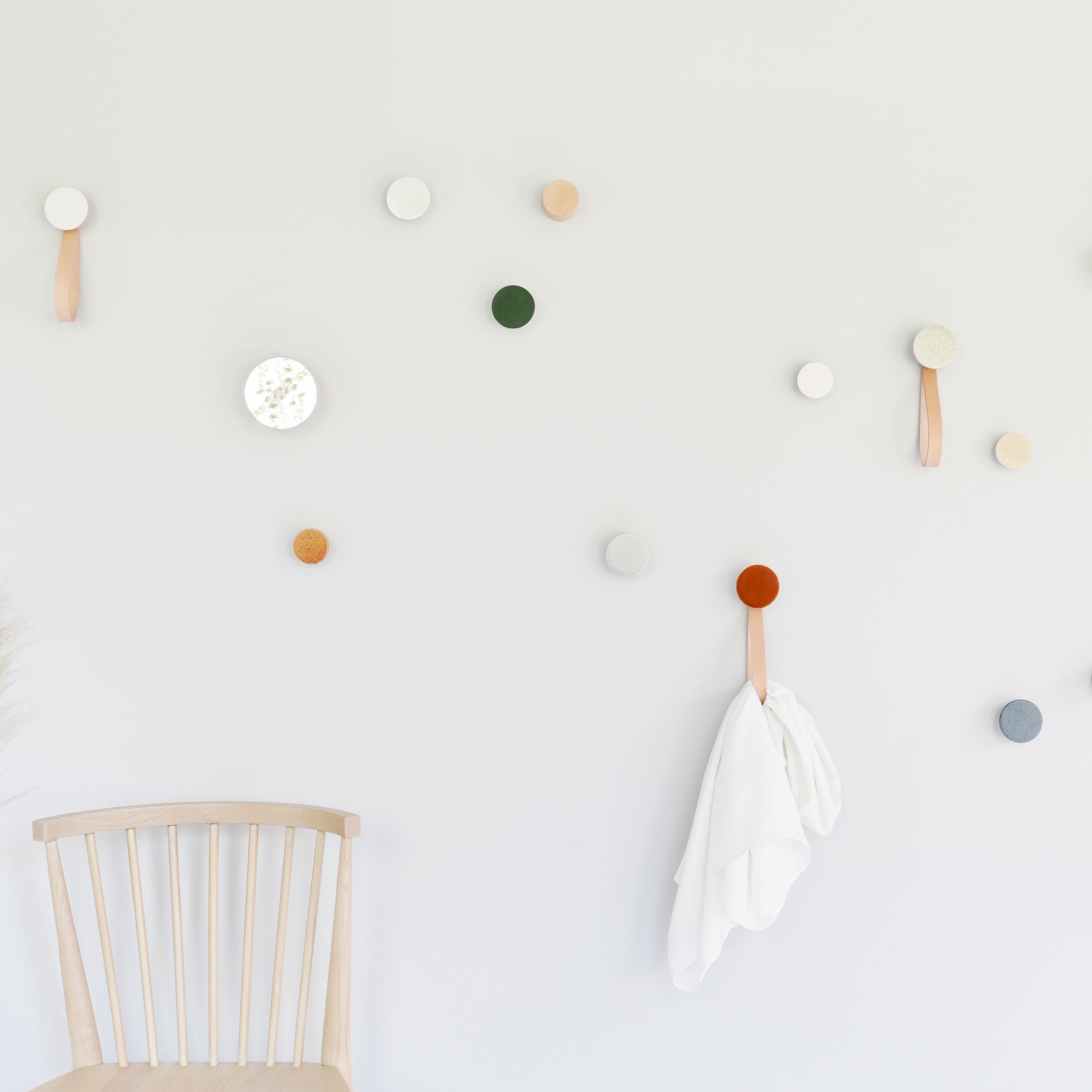 Round Beech Wood & Ceramic Wall Mounted Coat Hook / Hanger with Leather Strap - Dark Terracotta Orange