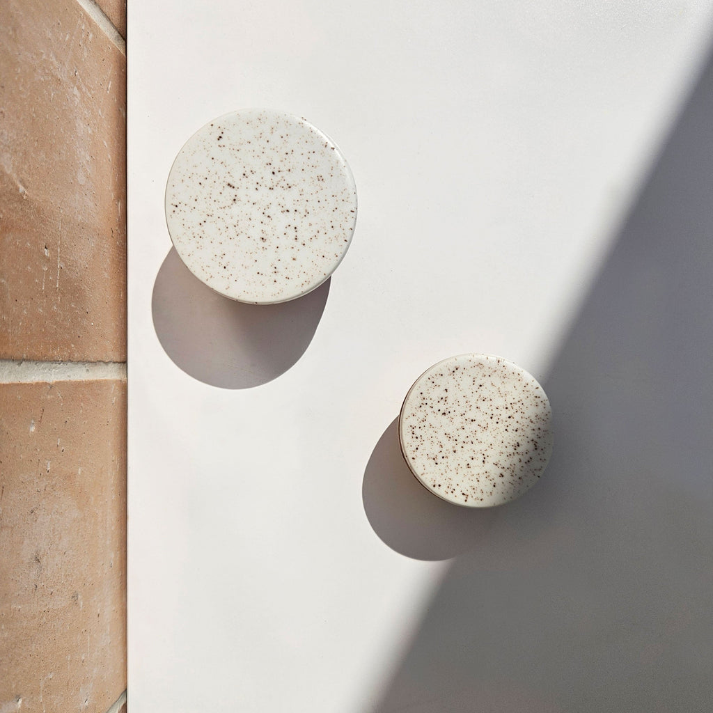 Round Beech Wood & Ceramic Wall Mounted Coat Hook / Knob - Speckled White