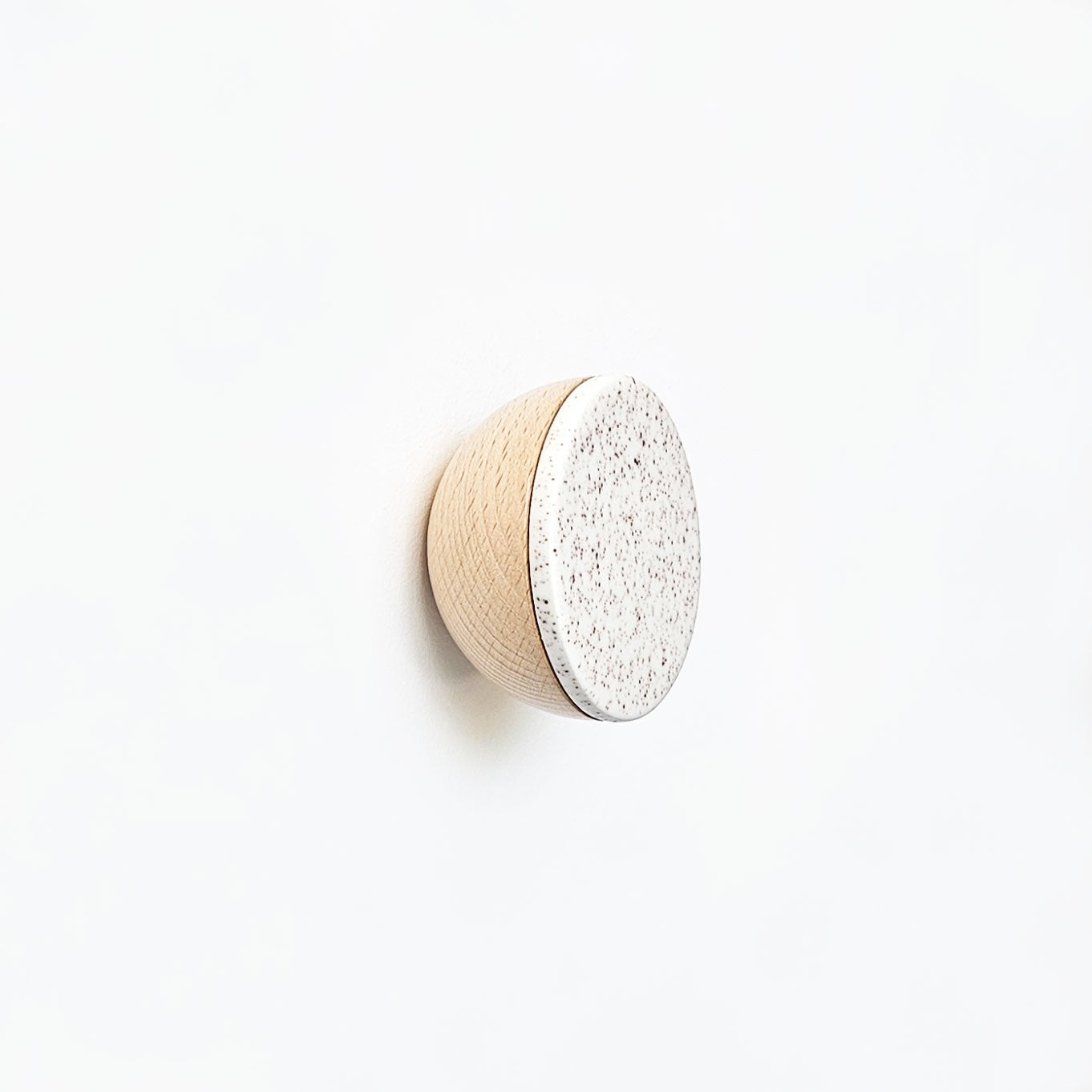 Round Beech Wood & Ceramic Wall Mounted Coat Hook / Knob - Speckled White