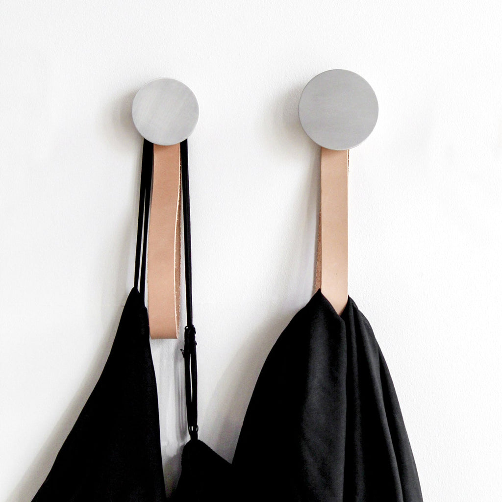 Round Beech Wood & Aluminium Wall Mounted Hook / Hanger with Leather Strap