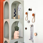 Round Walnut Wood & Ceramic Wall Mounted Coat Hook / Hanger with Leather Strap - Terracotta Orange Specks