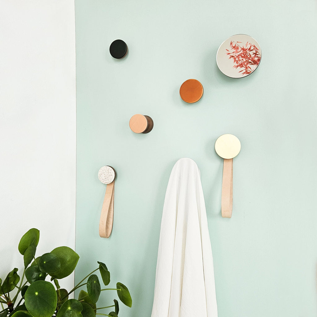 Round Walnut Wood Wall Mounted Mirror Coat Hook