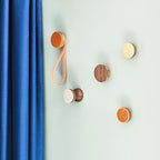 Round Walnut Wood & Ceramic Wall Mounted Coat Hook / Hanger with Leather Strap - Terracotta Orange Specks