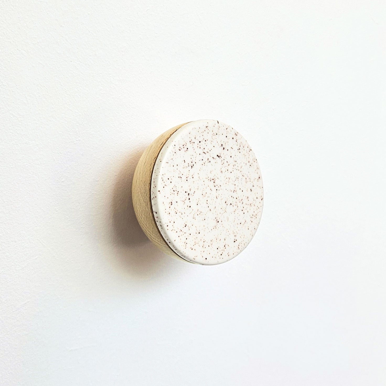 Round Beech Wood & Ceramic Wall Mounted Coat Hook / Knob - Speckled White